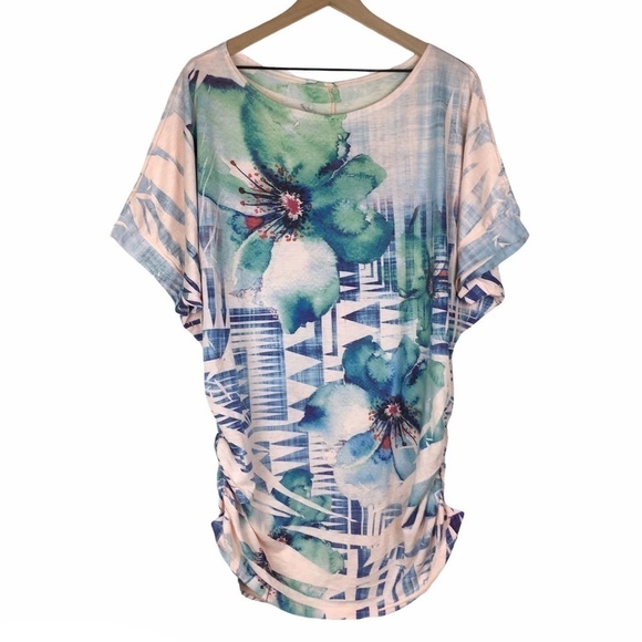 POLIANA PLUS Top Blouse Floral Southwestern Tie Dye Side Ruching Plus Size 3XL - Picture 1 of 8